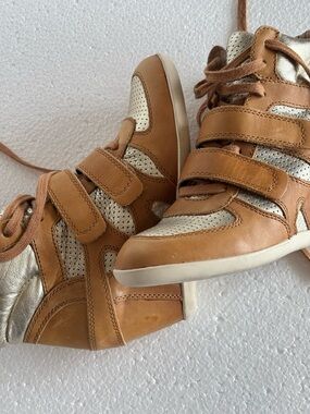 Ash Rare Limited Edition Leather Tan & Gold Hidden Wedge High-Tops US Sz 7 1/2-8